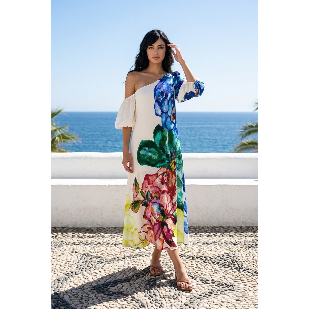 Saaksha & Kinni Zoey One Shoulder Maxi Dress Bold Tropical Floral‎ Beach Resort